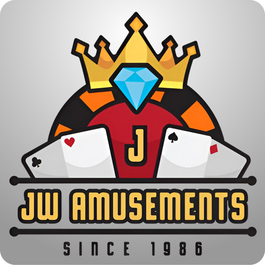JW Amusements logo with cards and crown.